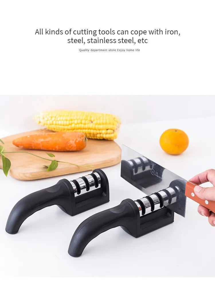 1Pc Black Kitchen Three Segment Knife Sharpener Household Multi Functional Hand Held Three Purpose Sharpening Stone Kitchen Tool