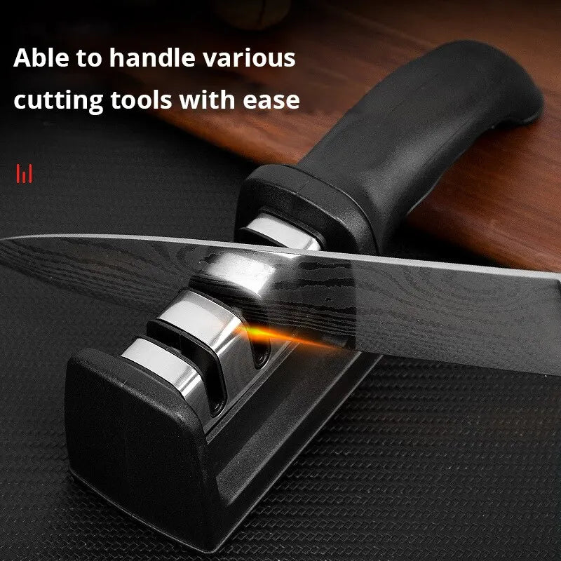 1Pc Black Kitchen Three Segment Knife Sharpener Household Multi Functional Hand Held Three Purpose Sharpening Stone Kitchen Tool