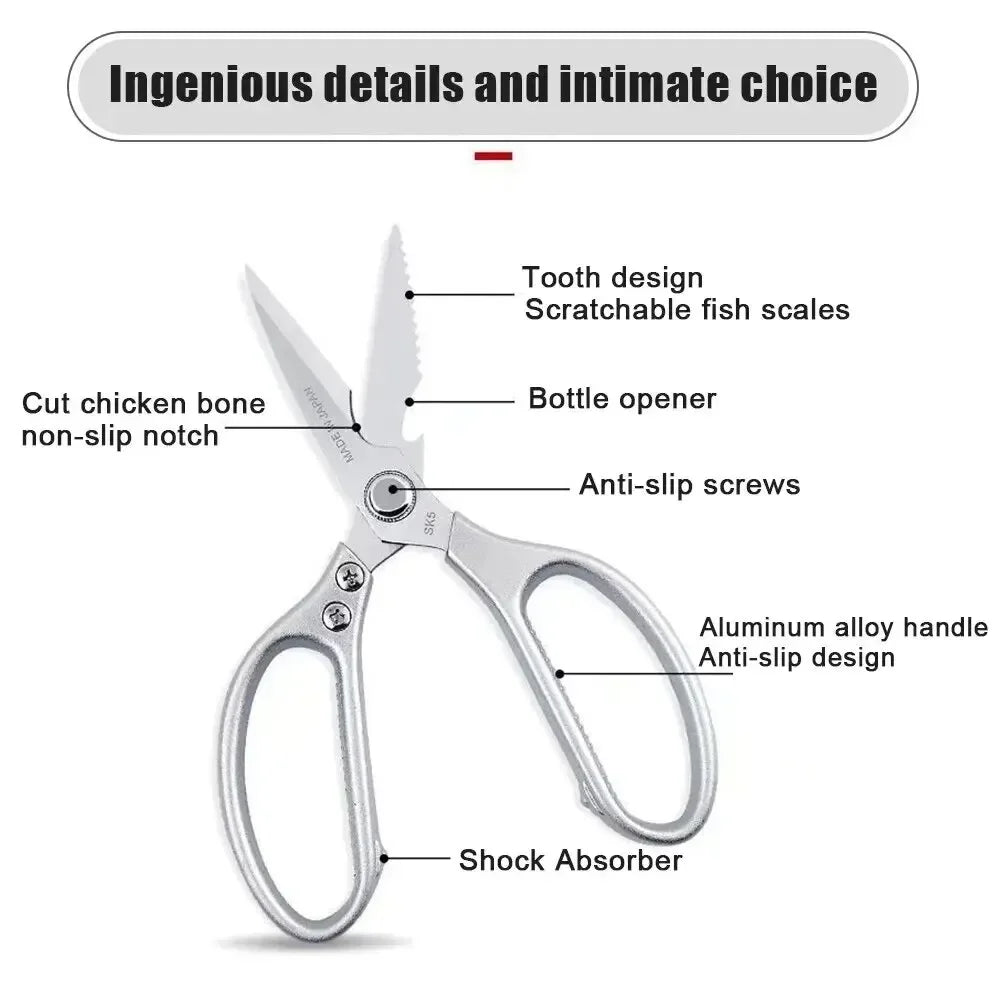 Professional 8.5-inch stainless steel kitchen scissors with plastic handles, perfect for cutting chicken bones, meat, and fish