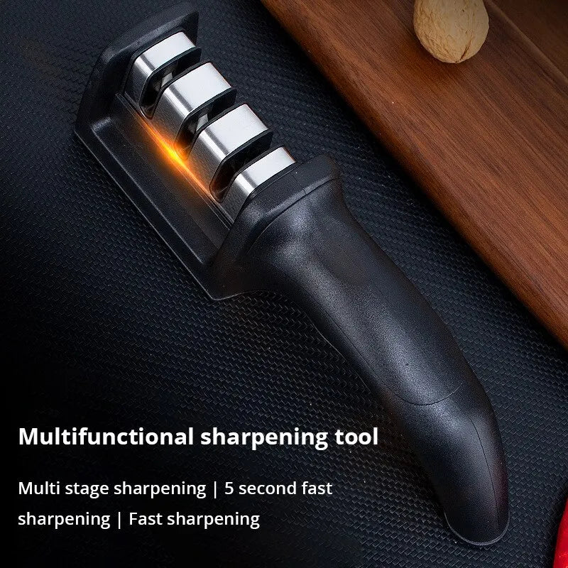 1Pc Black Kitchen Three Segment Knife Sharpener Household Multi Functional Hand Held Three Purpose Sharpening Stone Kitchen Tool